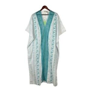 NEW RIO DE JAS size large White Blue embroidered Kaftan Mumu Dress Maxi Poncho